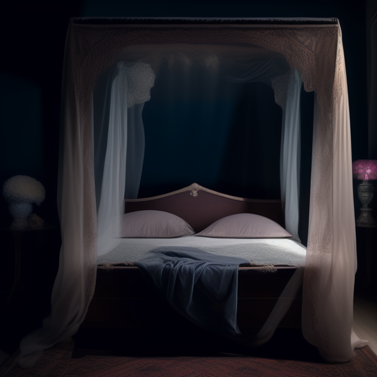 KREA AI Odalisque, dark room, canopy bed with veils