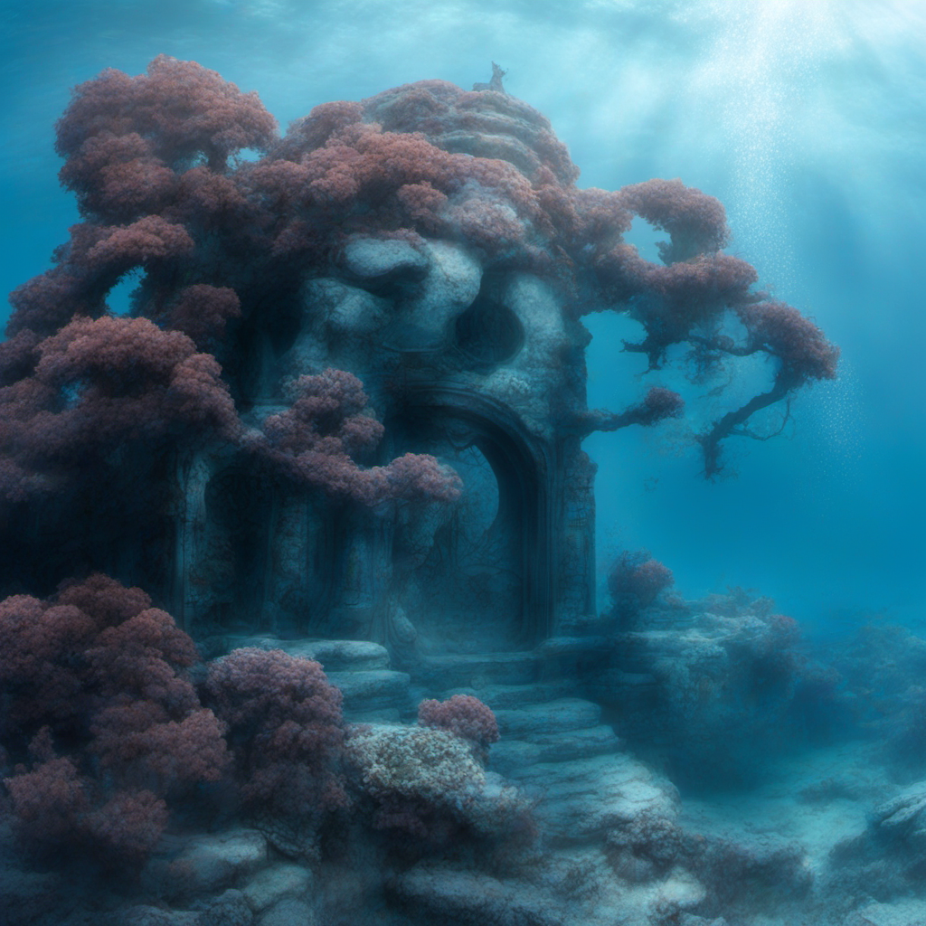 KREA AI underwater japanese temple, zen rocks around seawe...