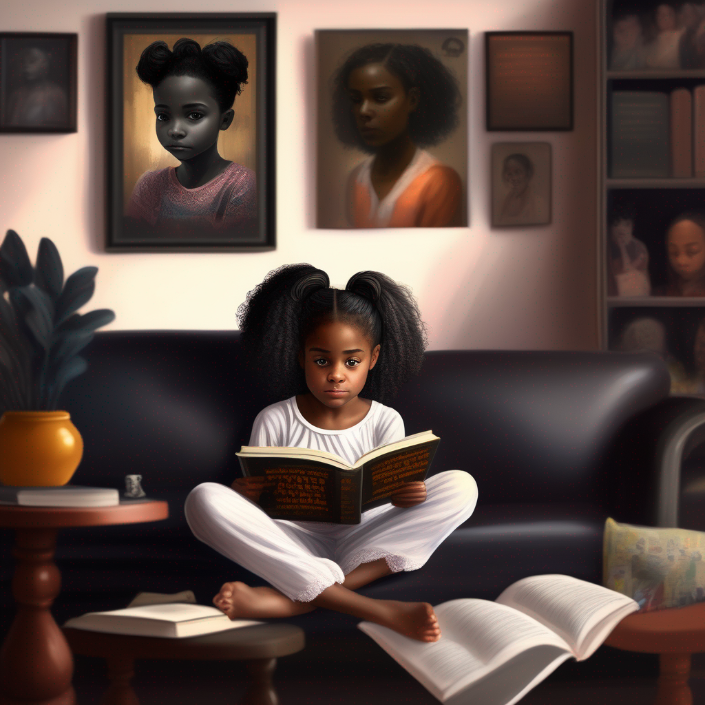 KREA AI An 8 year old Black girl in pajamas sitting on a c...