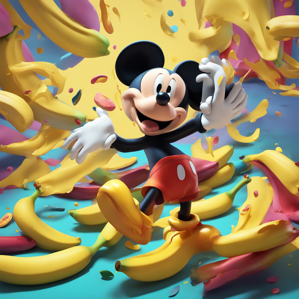 KREA AI A 3D comical scene of Mickey Mouse slipping on a b...