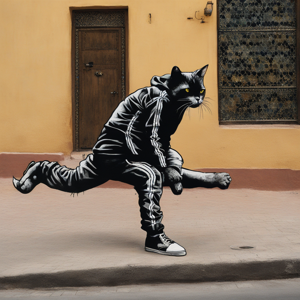 KREA AI Ciberpun of cat in black tracksuit in Morocco, by