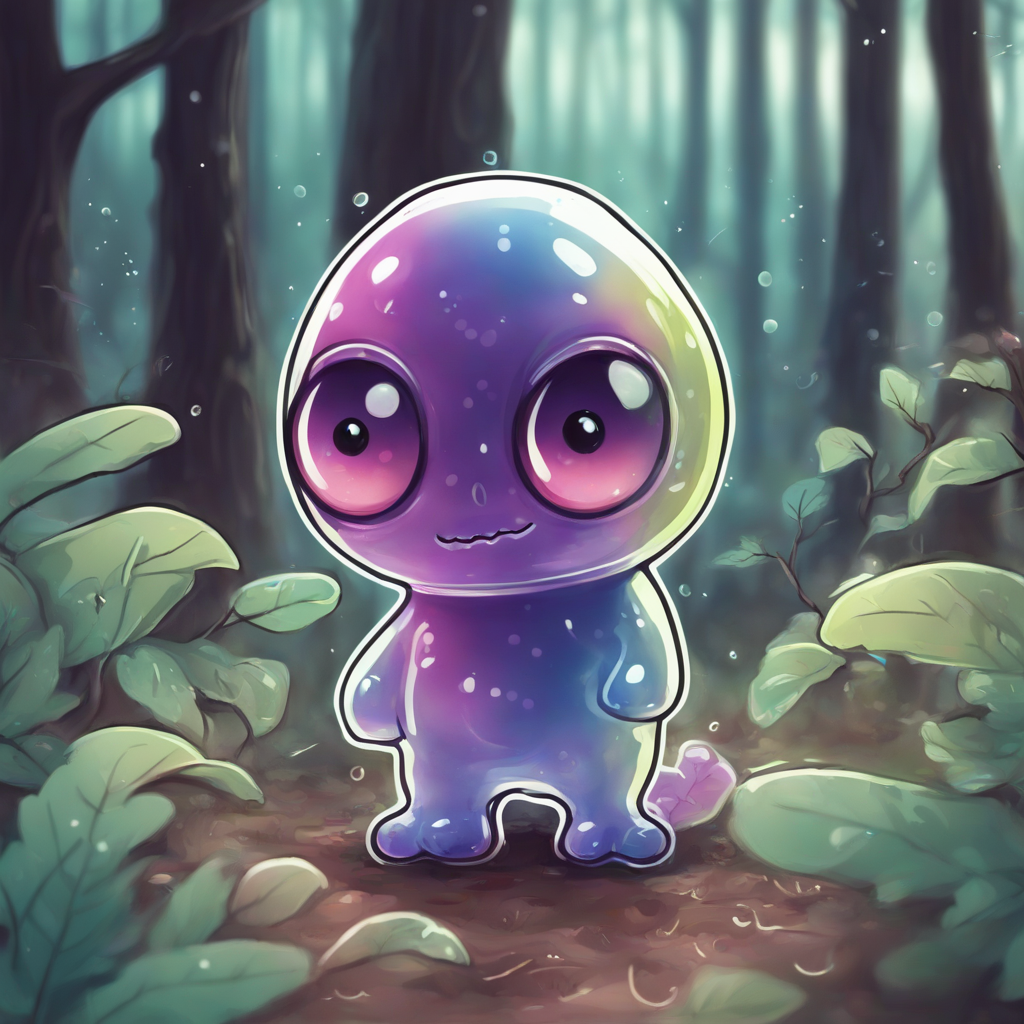 KREA AI - a transparent gummy alien with eyes in the forest…
