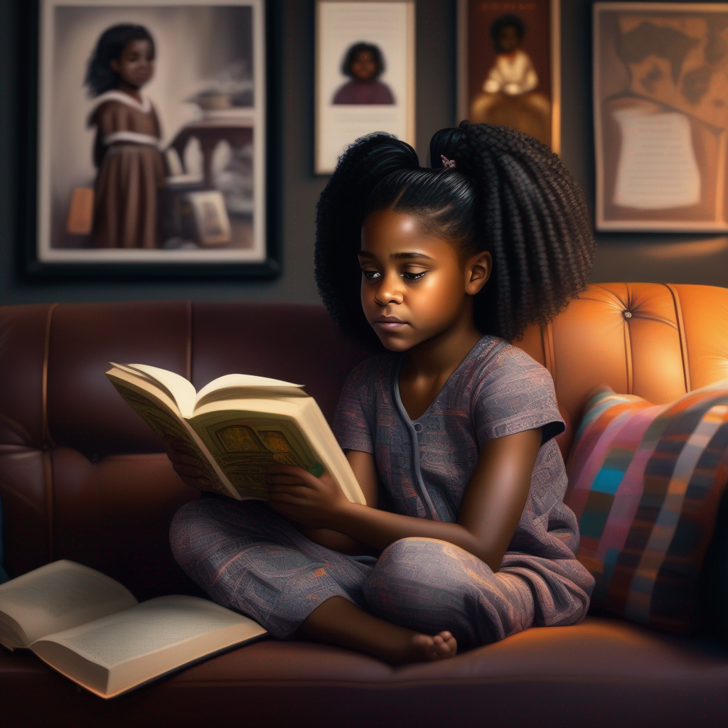 KREA AI An 8 year old Black girl in pajamas sitting on a c...