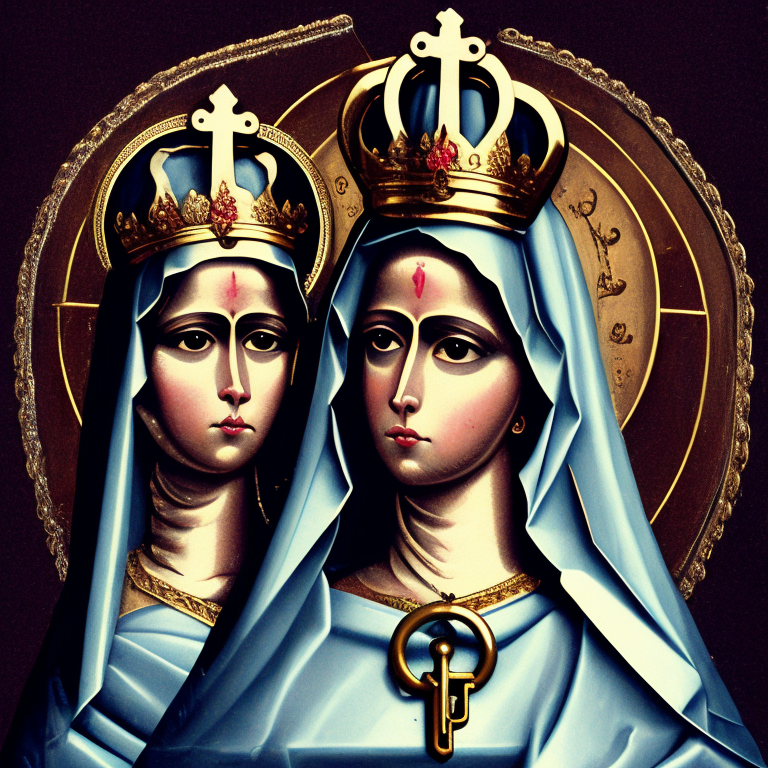 KREA AI ilustracion de una virgen con dos cabezas y cadena...