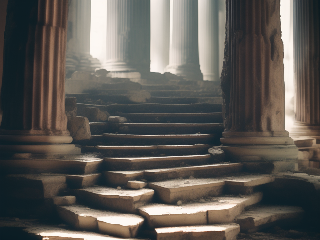 KREA AI liminal classical ruin, spiral stairs, columns, ro...