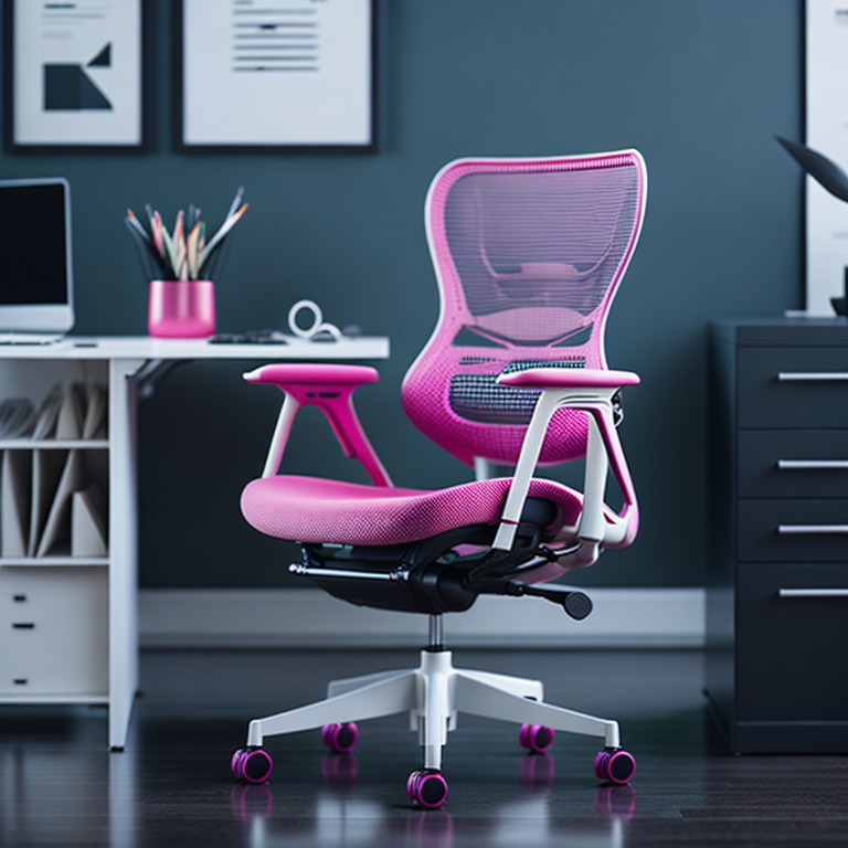KREA AI Office scene, product is mesh pink office chair wi...