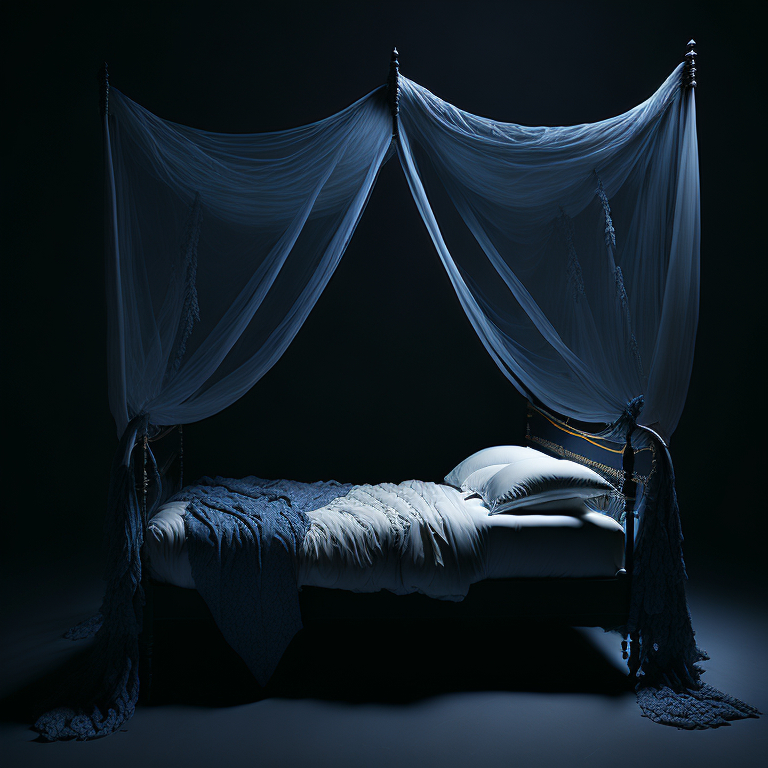 KREA AI Odalisque, dark room, canopy bed with veils