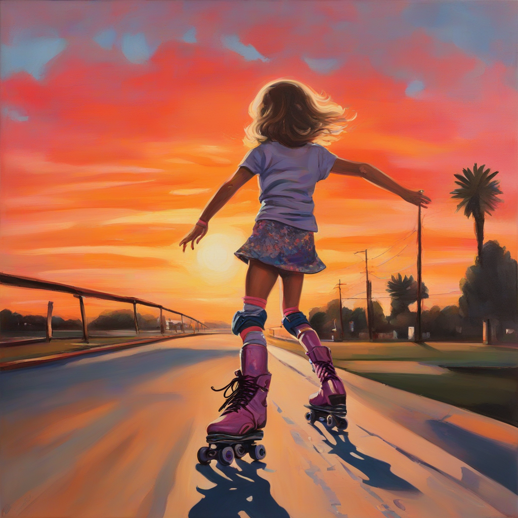 KREA AI painting of a little girl rollerblading with a sun...