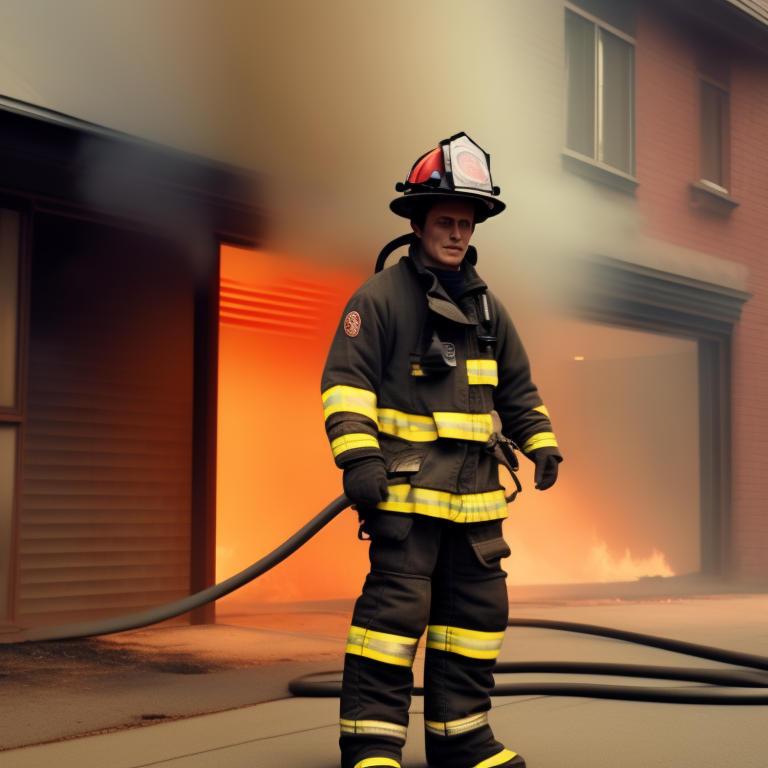 KREA AI - small fireman outside burning building