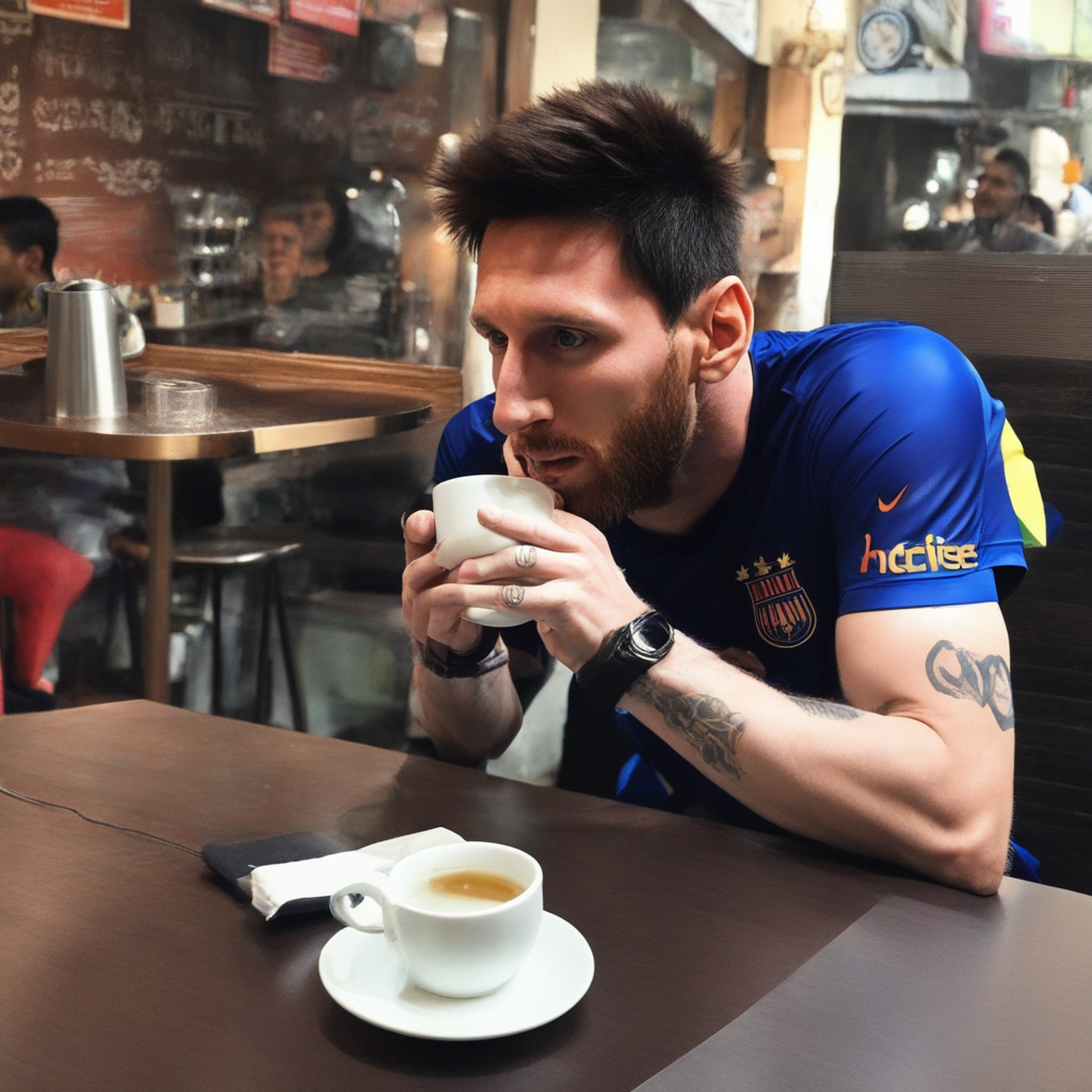 KREA AI messi drinking tea at indian coffee shop